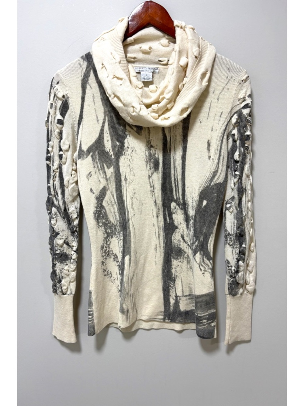 Y2K 2000s Alberto Makali Wool Blend Cowl Neck Sweater Textured Abstract Small